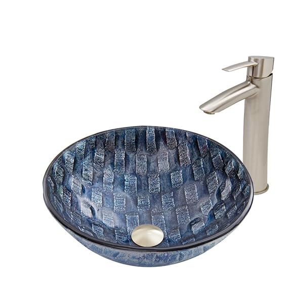 VIGO Rio Glass Vessel Bathroom Sink and Shadow Vessel Faucet with Pop Up, Brushed Nickel