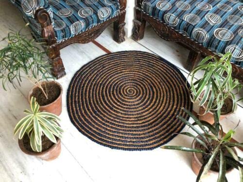 Jute Rug Natural Beige With Black Hand Braided